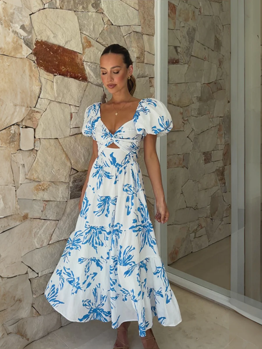 Printed Puff Sleeve Sweetheart Collar Vacation Maxi Dresses - Image 53