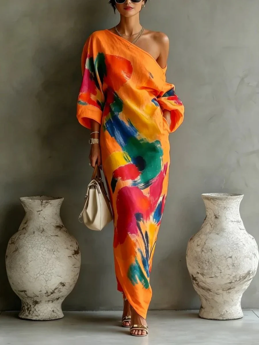 Long Sleeve Off-shoulder Comfort Loose-fit Maxi Dresses - Image 10
