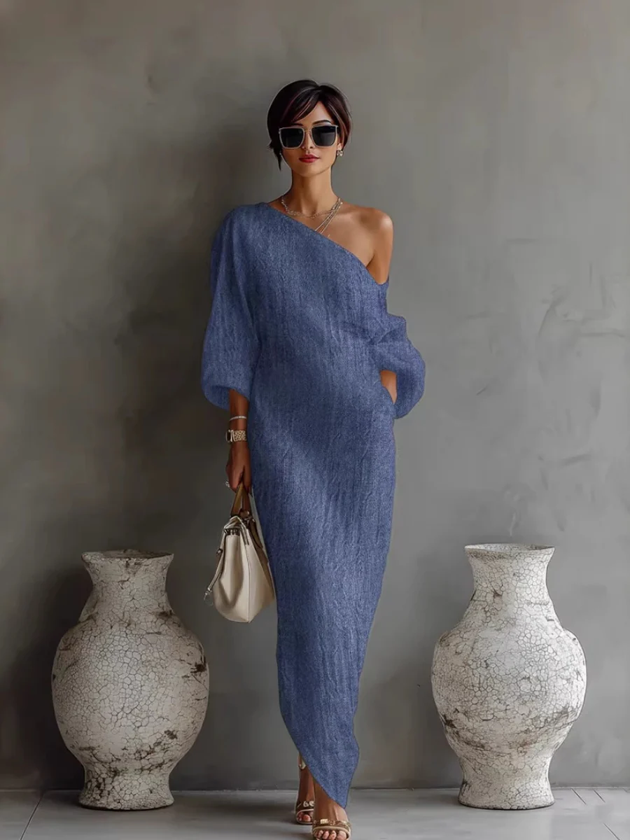 Long Sleeve Off-shoulder Comfort Loose-fit Maxi Dresses - Image 4