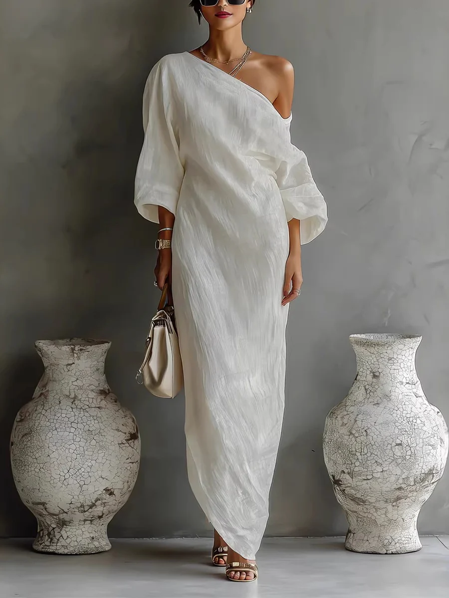 Long Sleeve Off-shoulder Comfort Loose-fit Maxi Dresses - Image 5