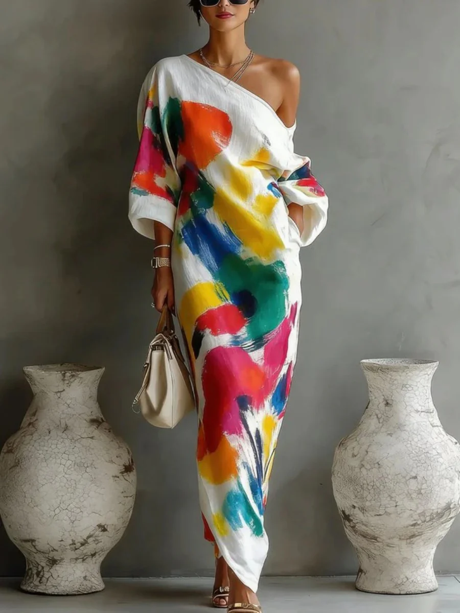 Long Sleeve Off-shoulder Comfort Loose-fit Maxi Dresses - Image 6