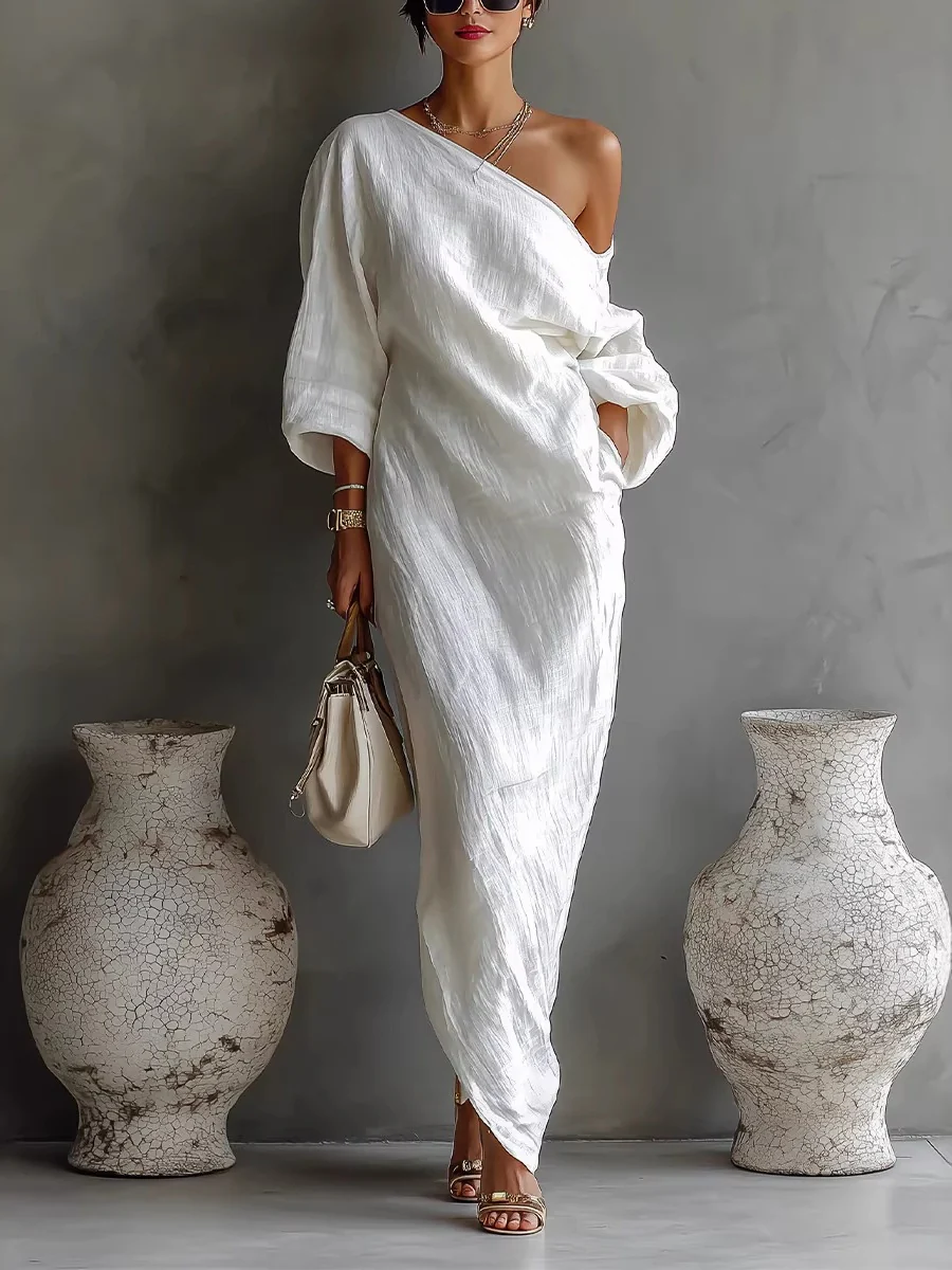 Long Sleeve Off-shoulder Comfort Loose-fit Maxi Dresses - Image 8