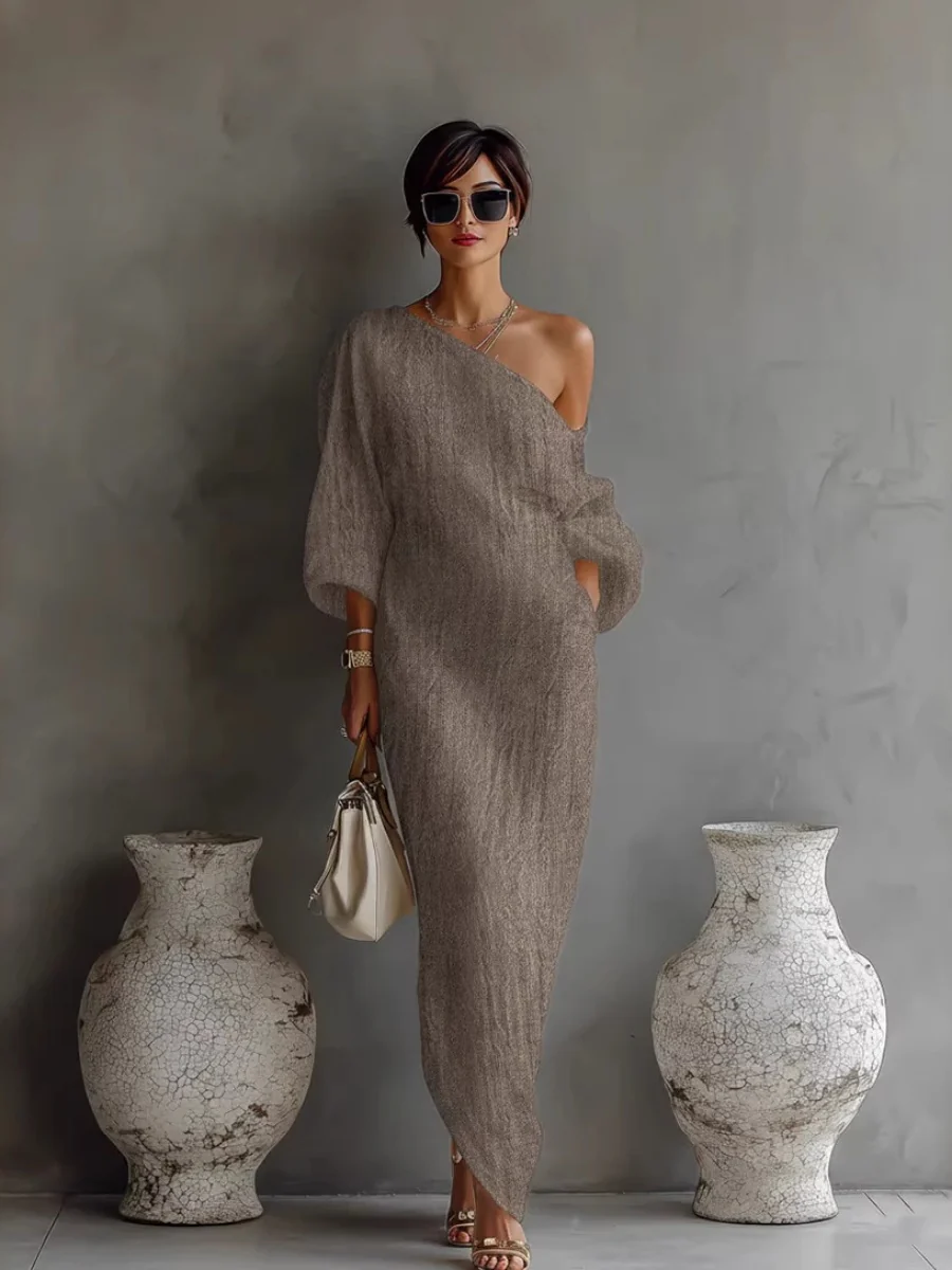 Long Sleeve Off-shoulder Comfort Loose-fit Maxi Dresses - Image 9