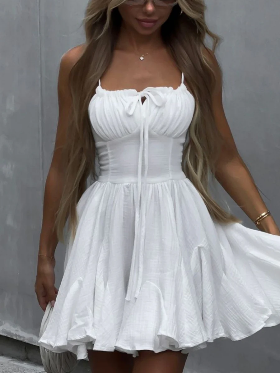 Cotton Blend Lace Up Camisoles Beach Smock Mini&Short Dresses - Image 2