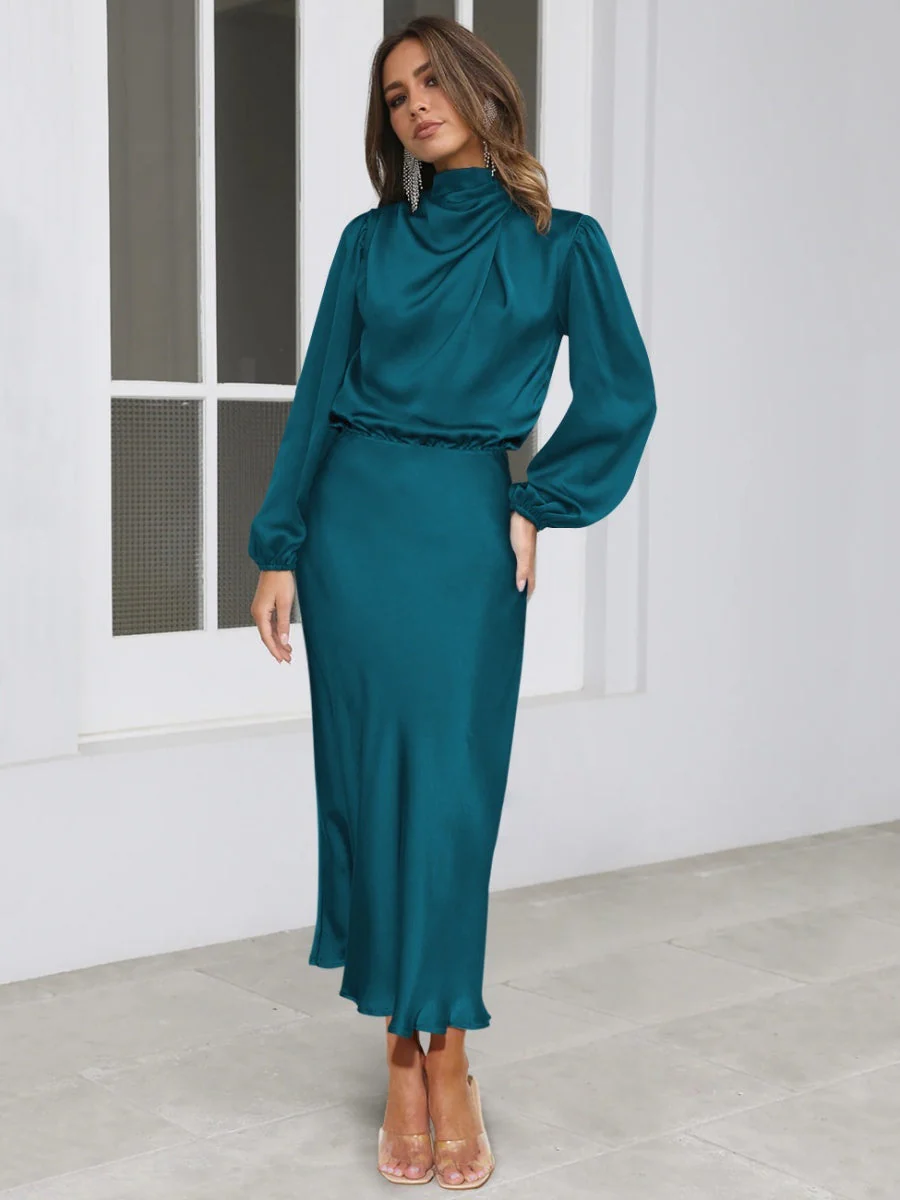 Satin Long Sleeve Loose Turtleneck Midi Dresses - Image 11