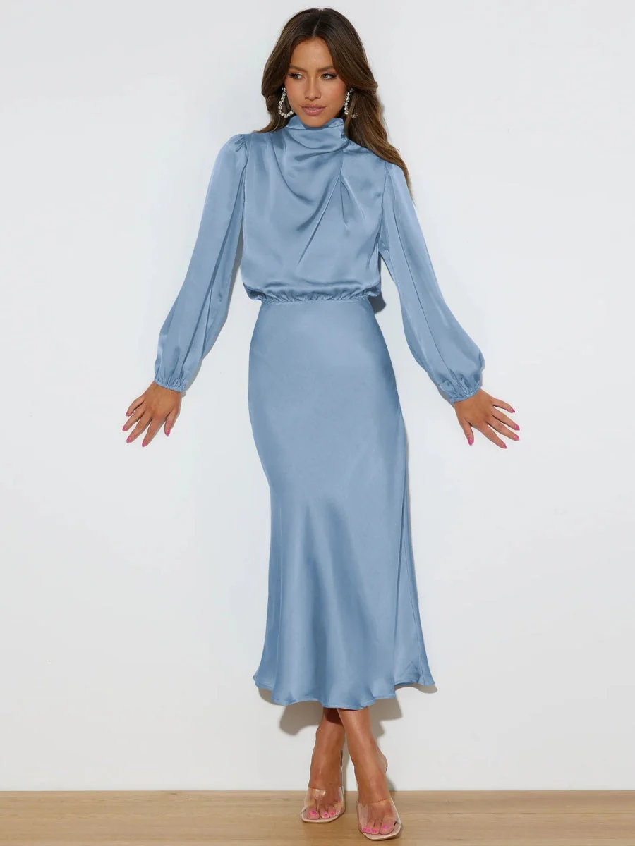 Satin Long Sleeve Loose Turtleneck Midi Dresses - Image 12
