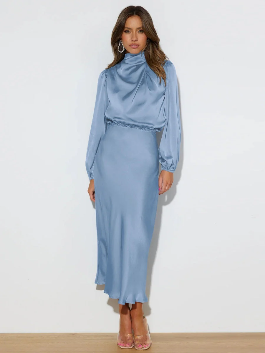 Satin Long Sleeve Loose Turtleneck Midi Dresses - Image 13