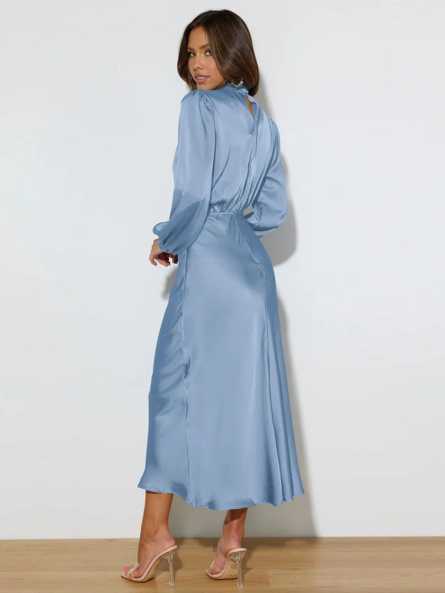 Satin Long Sleeve Loose Turtleneck Midi Dresses - Image 14