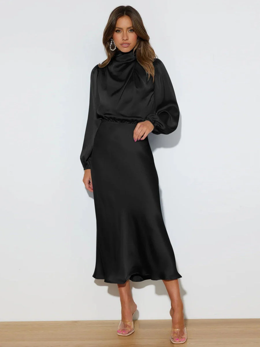 Satin Long Sleeve Loose Turtleneck Midi Dresses - Image 6
