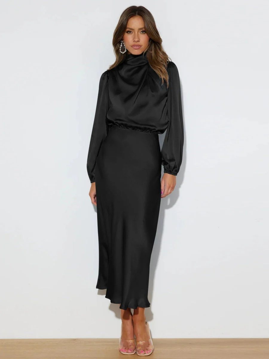 Satin Long Sleeve Loose Turtleneck Midi Dresses - Image 7