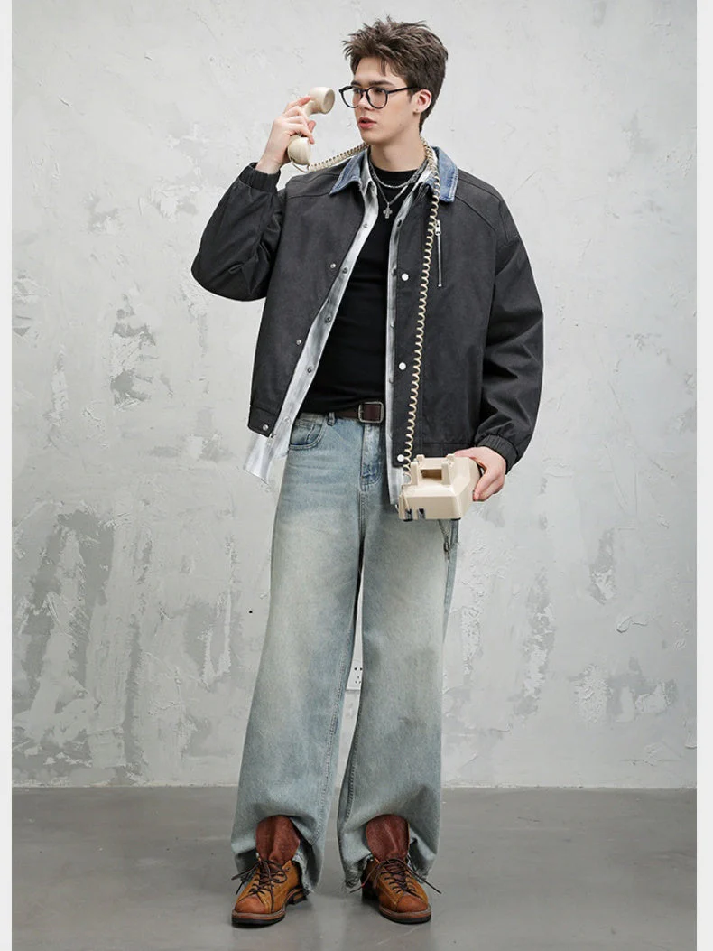 High Street Lapel All-match Loose Fake Two Pieces Flight Jacket - Image 2