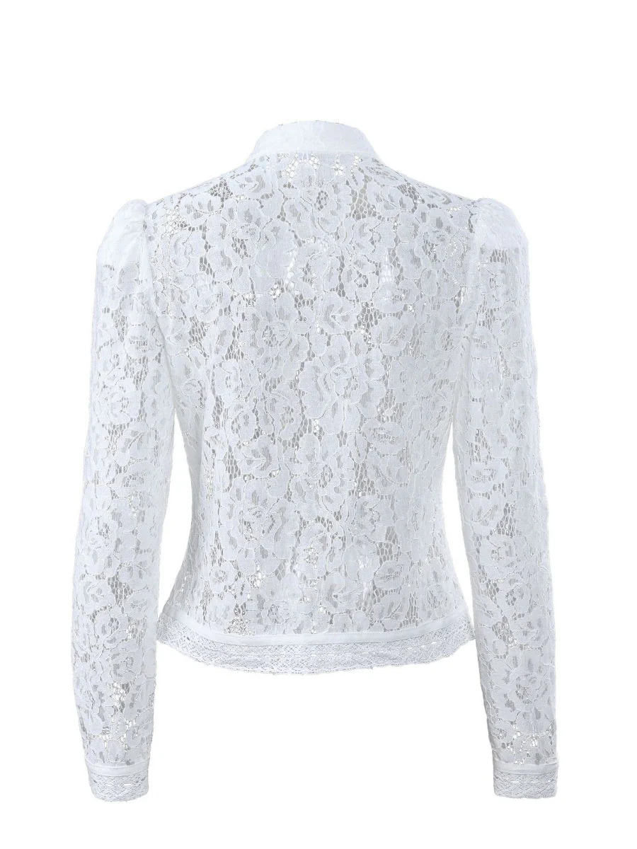Lace Crochet Stand Collar Slim-fit Long Sleeve Sheer Top - Image 13