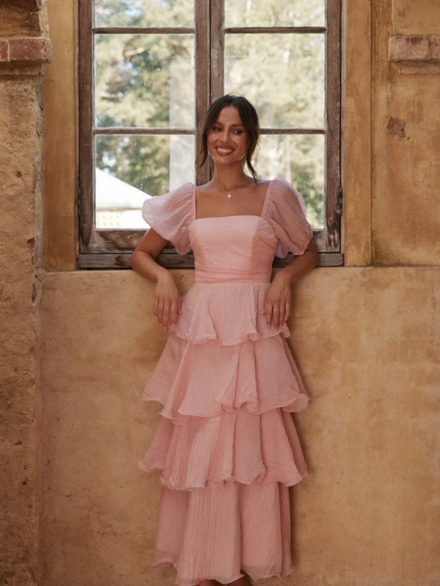 Square Collar Puff Sleeve Cake Skirt Vacation Parties Maxi Dresses - Image 10
