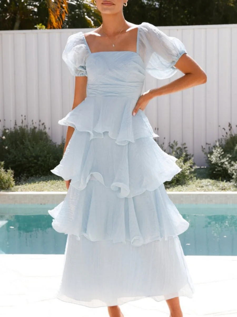 Square Collar Puff Sleeve Cake Skirt Vacation Parties Maxi Dresses - Image 12