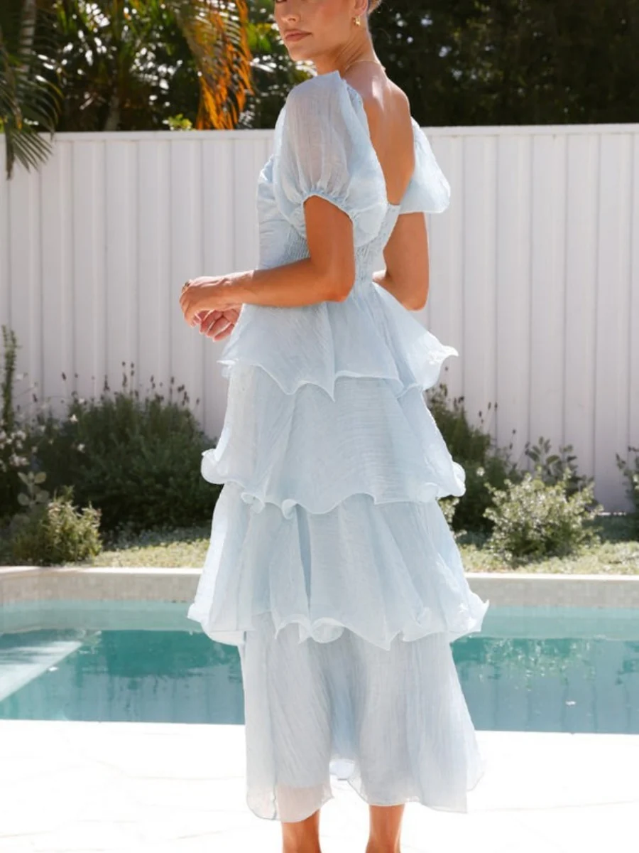Square Collar Puff Sleeve Cake Skirt Vacation Parties Maxi Dresses - Image 14