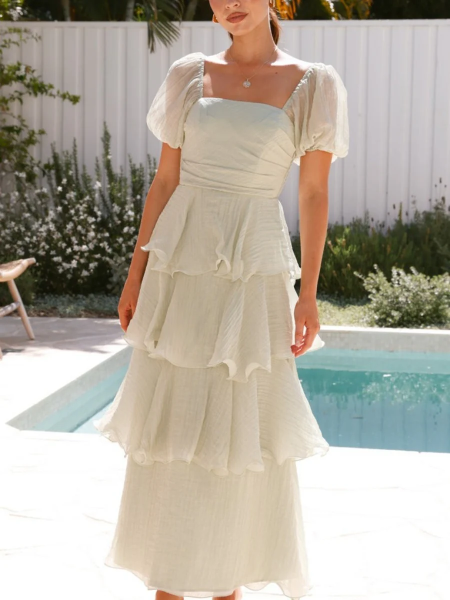 Square Collar Puff Sleeve Cake Skirt Vacation Parties Maxi Dresses - Image 18