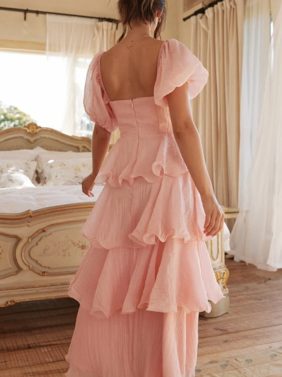 Square Collar Puff Sleeve Cake Skirt Vacation Parties Maxi Dresses - Image 6