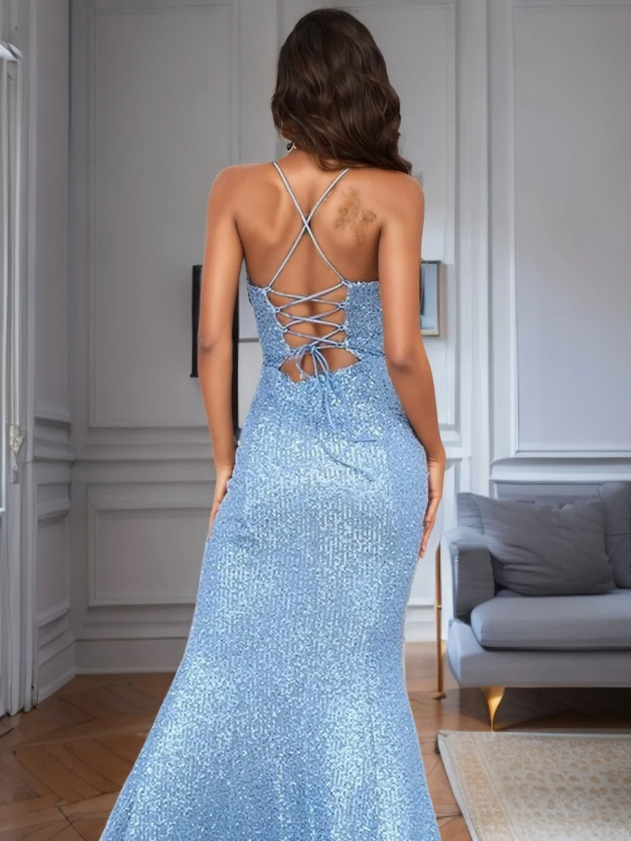 Sequins Slit Sexy Camisoles Formal Dress Maxi Dresses - Image 4