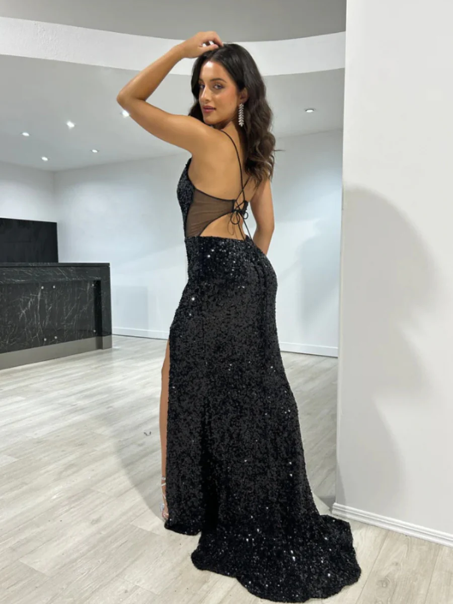 Sequins Slit Sexy Camisoles Formal Dress Maxi Dresses - Image 4