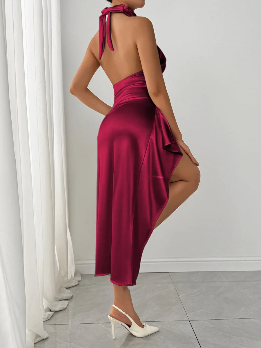 Satin High Fork Crew Neck Halter Backless Pleated Long Dress - Image 2