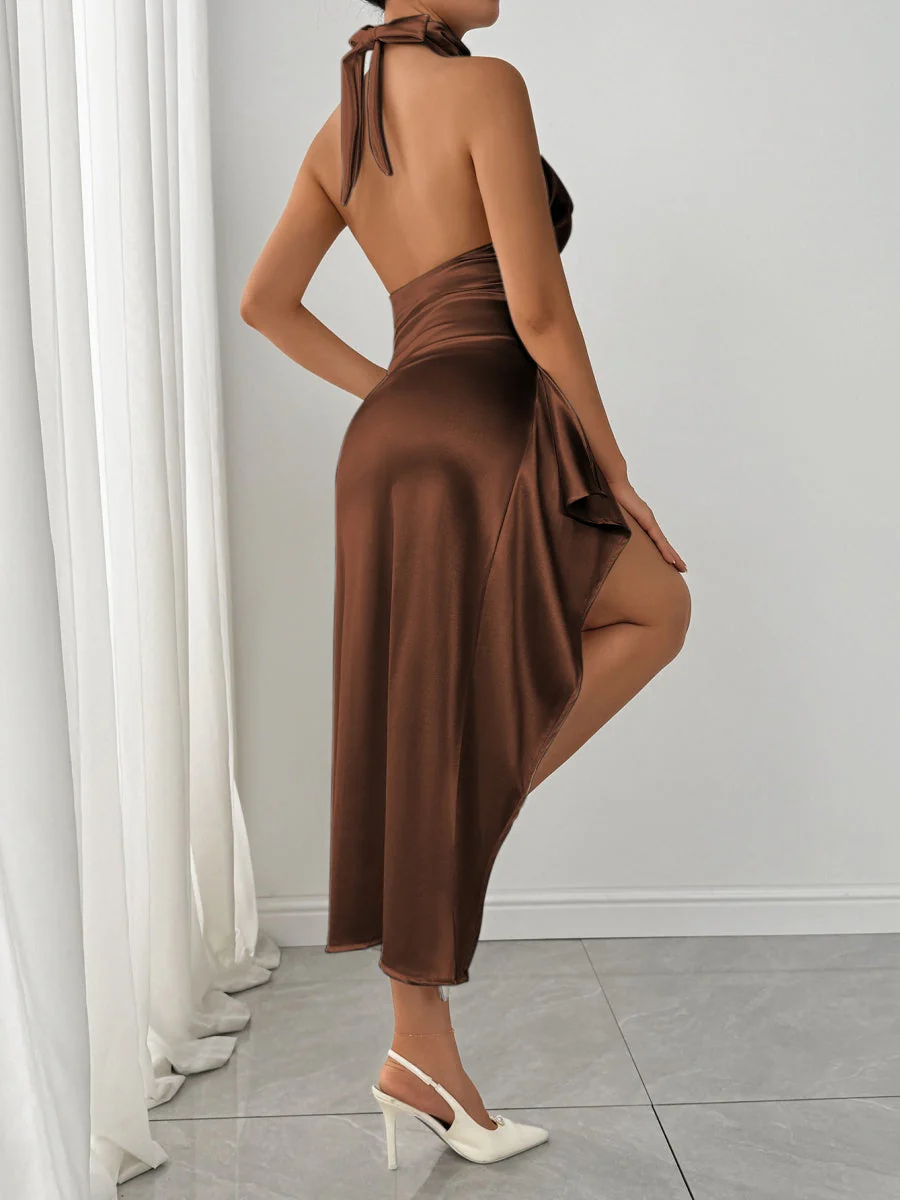 Satin High Fork Crew Neck Halter Backless Pleated Long Dress - Image 33