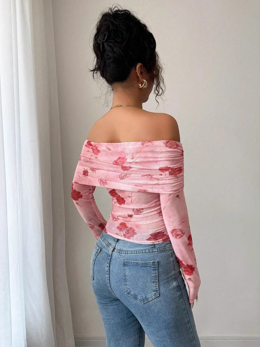 Mesh Printed Off Shoulder Irregular Hem Long Sleeve T-shirts - Image 2
