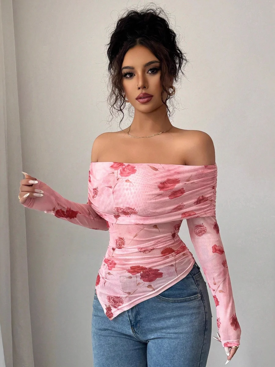 Mesh Printed Off Shoulder Irregular Hem Long Sleeve T-shirts - Image 3
