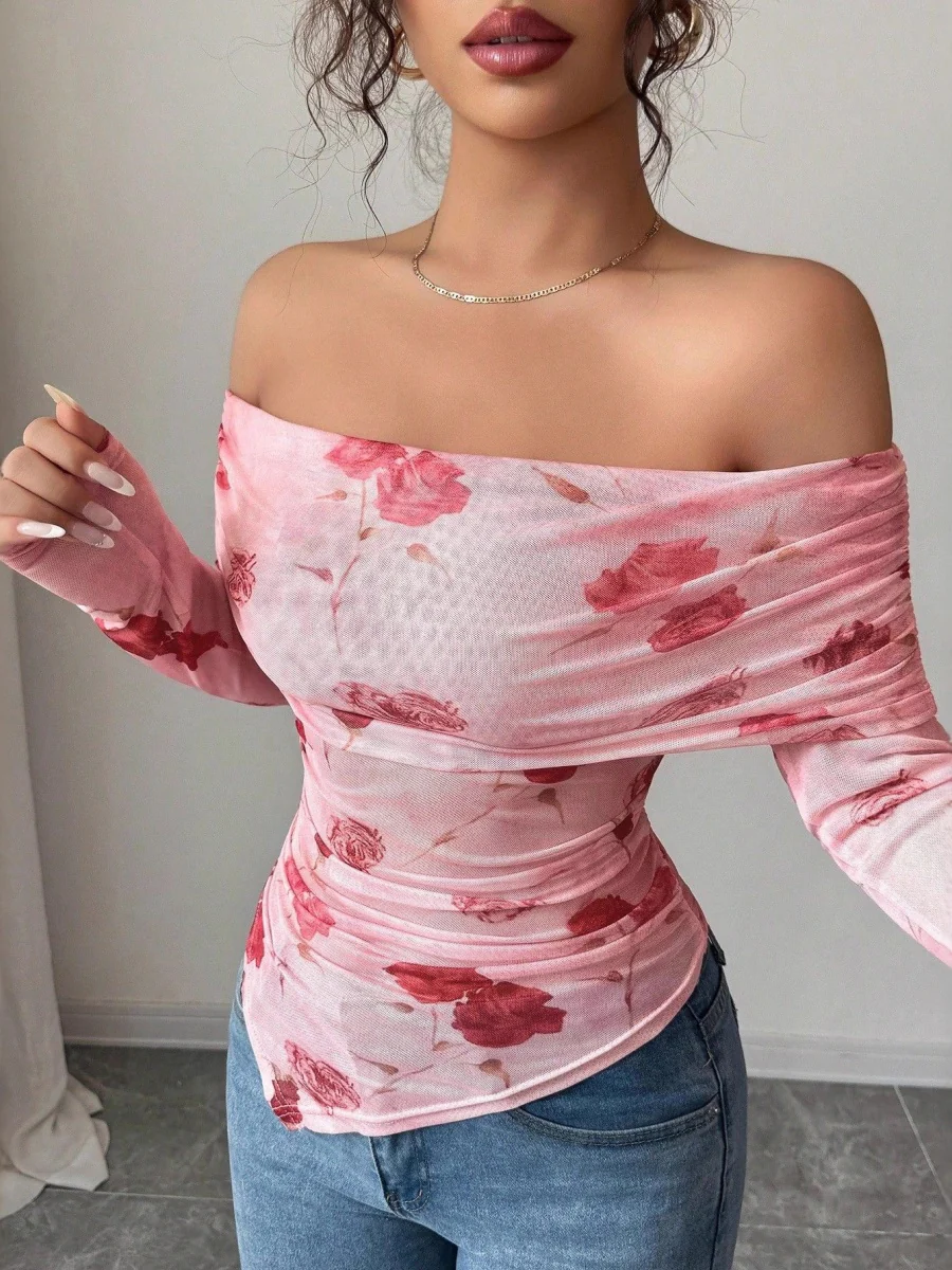 Mesh Printed Off Shoulder Irregular Hem Long Sleeve T-shirts - Image 4