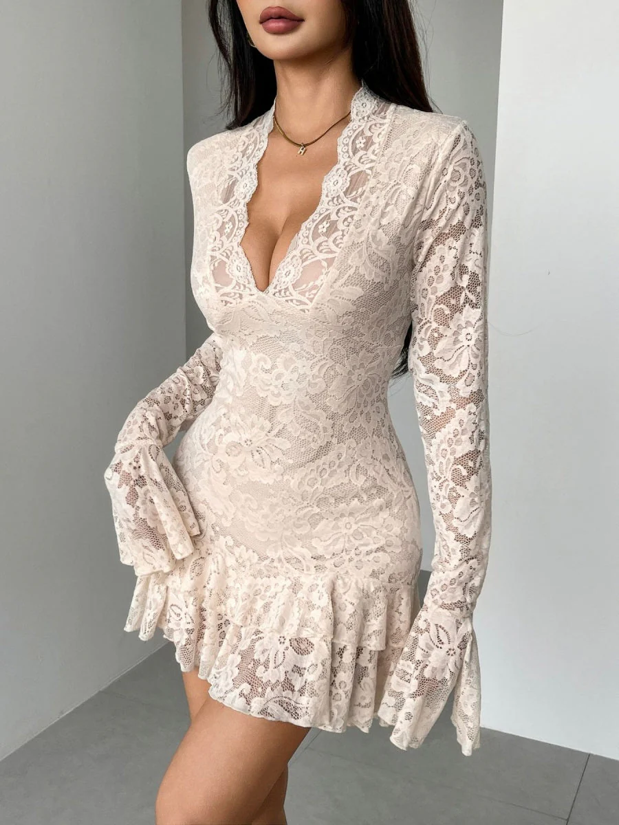 V-neck Lace Ruffle Mini&Short Dresses - Image 4