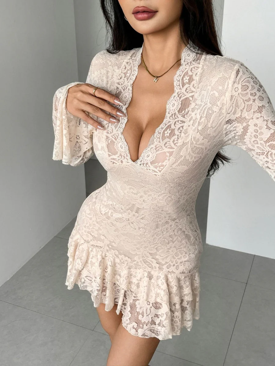 V-neck Lace Ruffle Mini&Short Dresses - Image 5