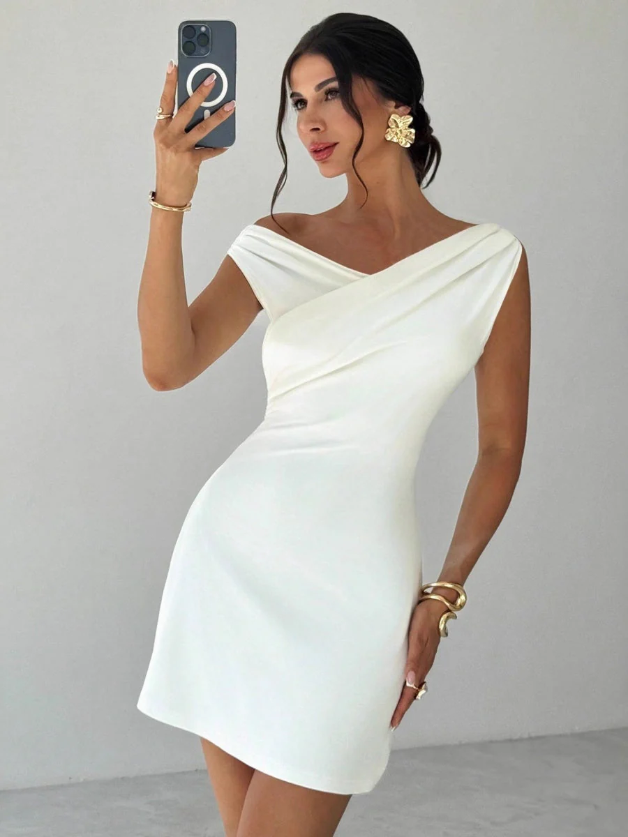 Off-the-shoulder Knitted Irregular Style Cross Neck Splicing Sleeveless Double Layer Slim-fit Short Dress - Image 3