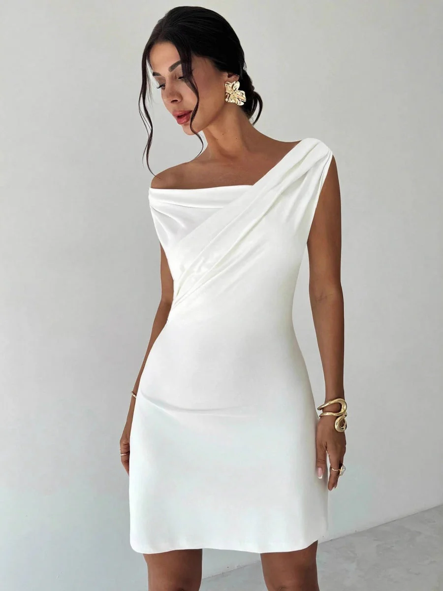 Off-the-shoulder Knitted Irregular Style Cross Neck Splicing Sleeveless Double Layer Slim-fit Short Dress - Image 4