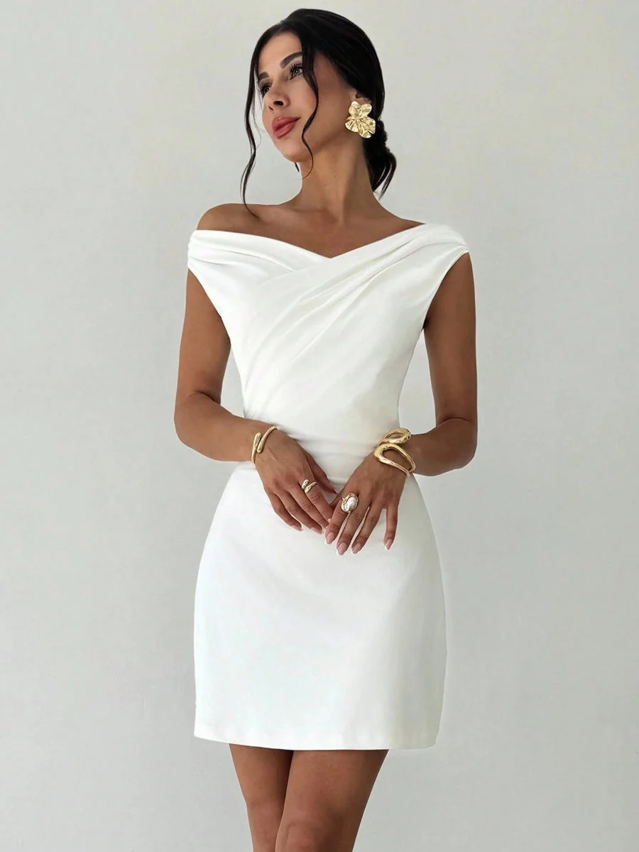Off-the-shoulder Knitted Irregular Style Cross Neck Splicing Sleeveless Double Layer Slim-fit Short Dress - Image 6