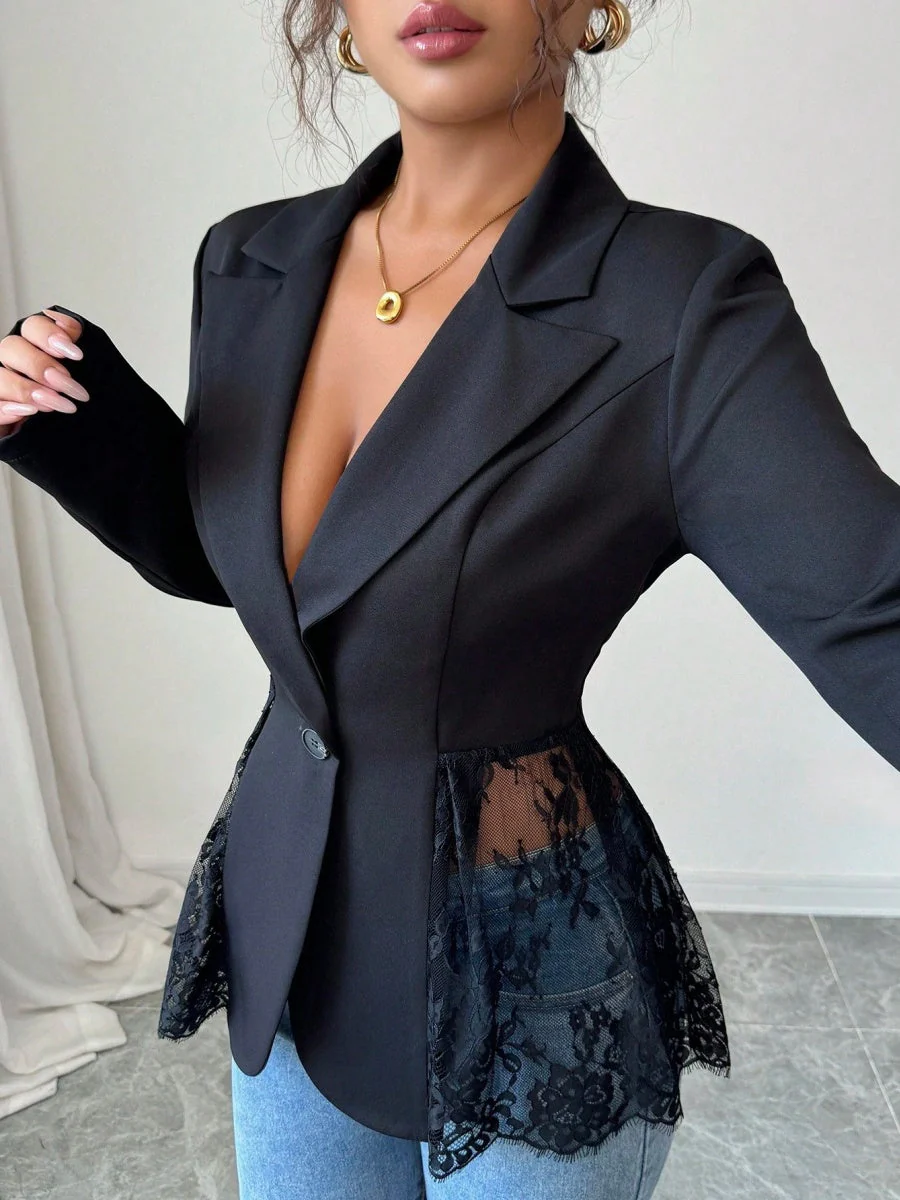 Lace Trim Hem Waist Leisure Blazers