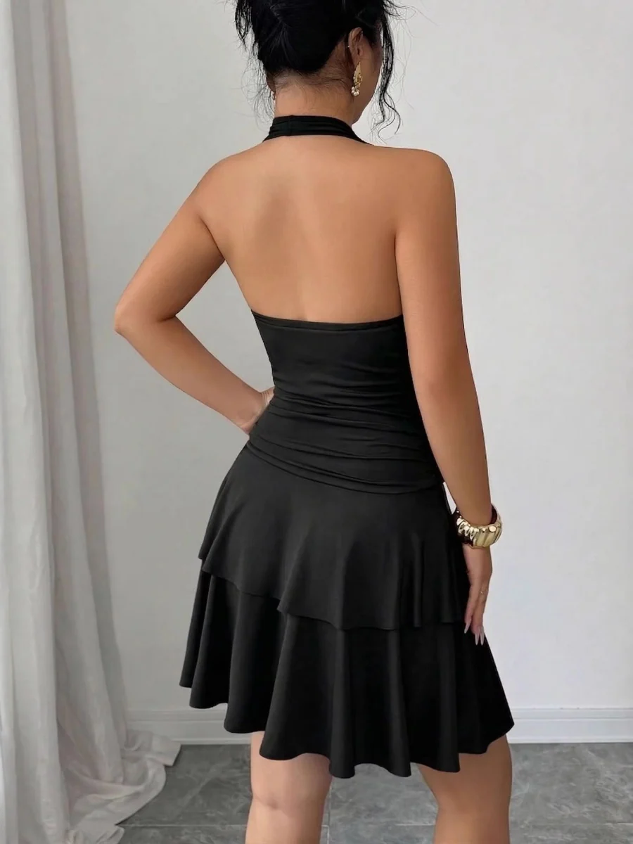 Black Halter Metal Buckle Pleated Hip-hugging Mini&Short Dresses - Image 2