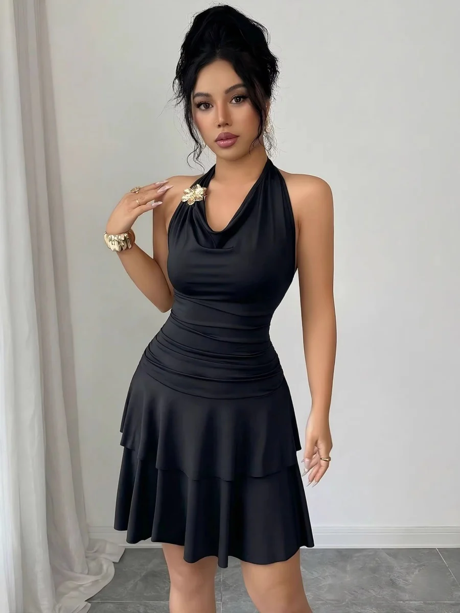 Black Halter Metal Buckle Pleated Hip-hugging Mini&Short Dresses - Image 4