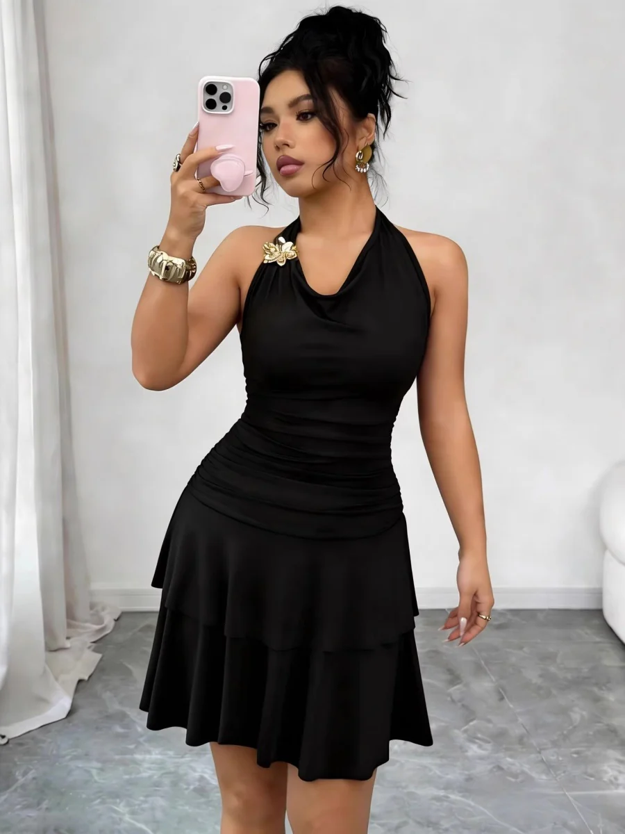 Black Halter Metal Buckle Pleated Hip-hugging Mini&Short Dresses - Image 5