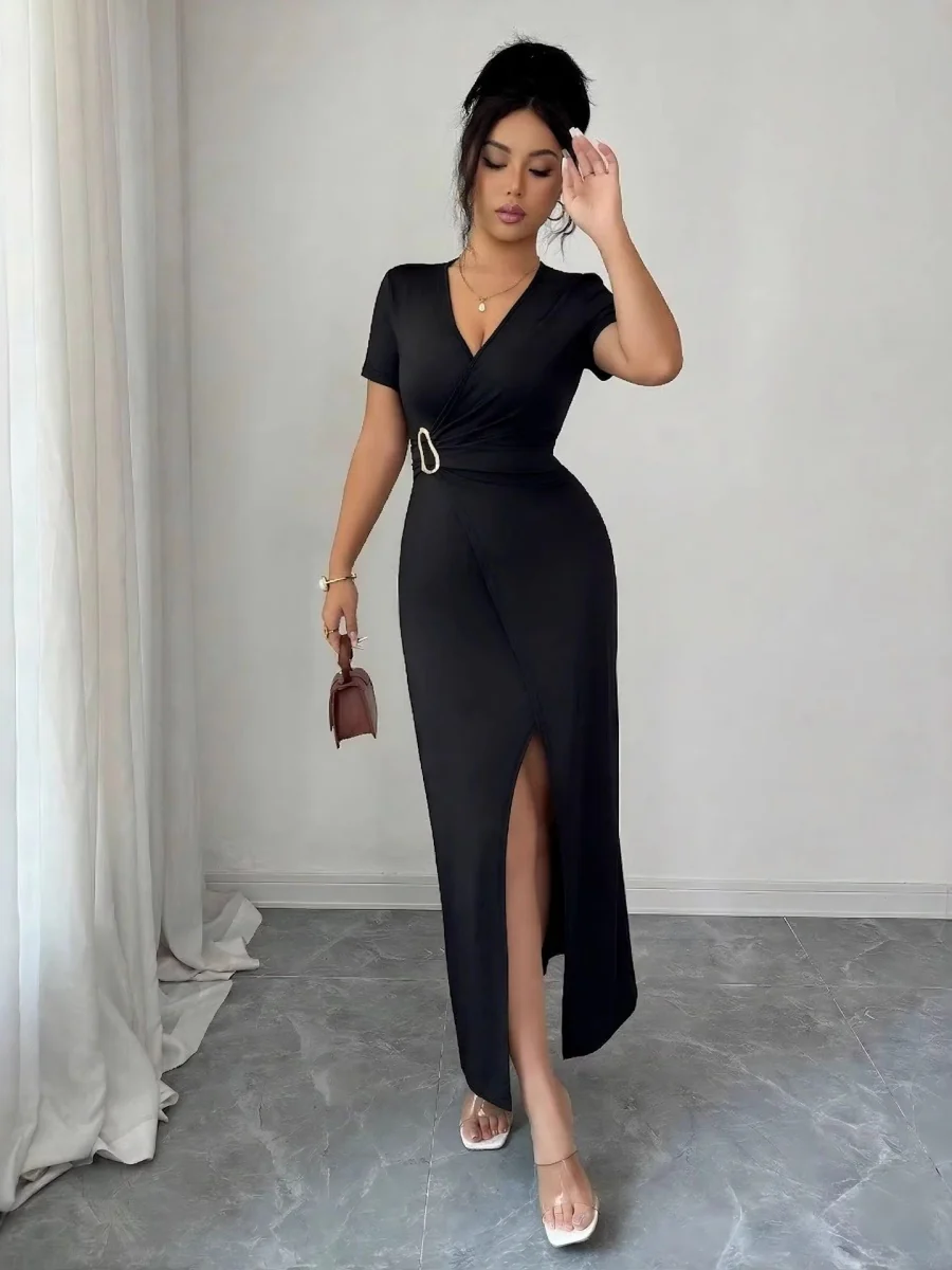 V-neck Cross Metal Buckle Pleated Slit Maxi Dresses - Image 2