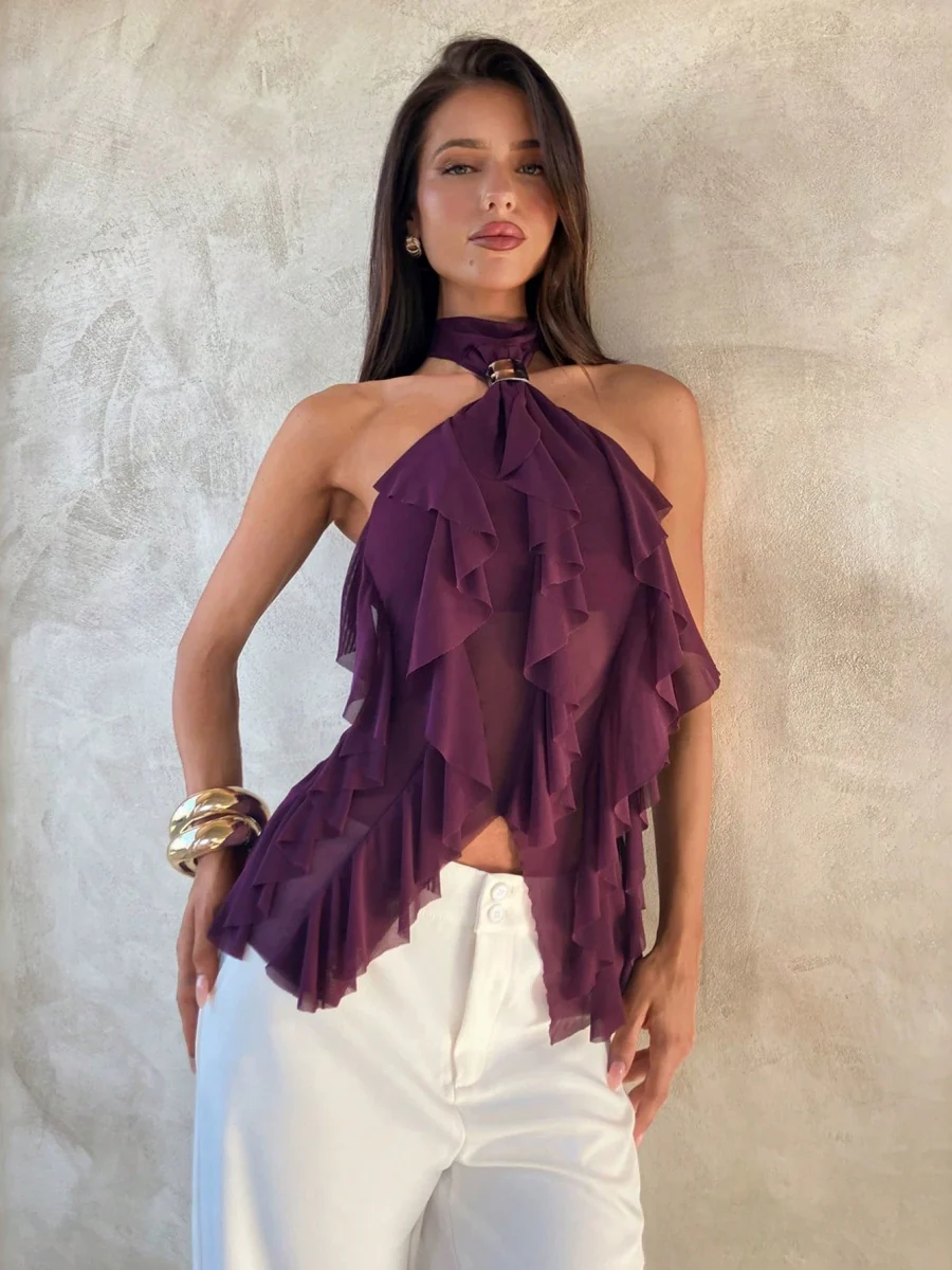 Halter Ruffle Irregular Hem Sleeveless Off-shoulder Camisoles - Image 2