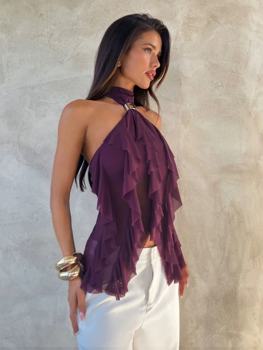 Halter Ruffle Irregular Hem Sleeveless Off-shoulder Camisoles - Image 3