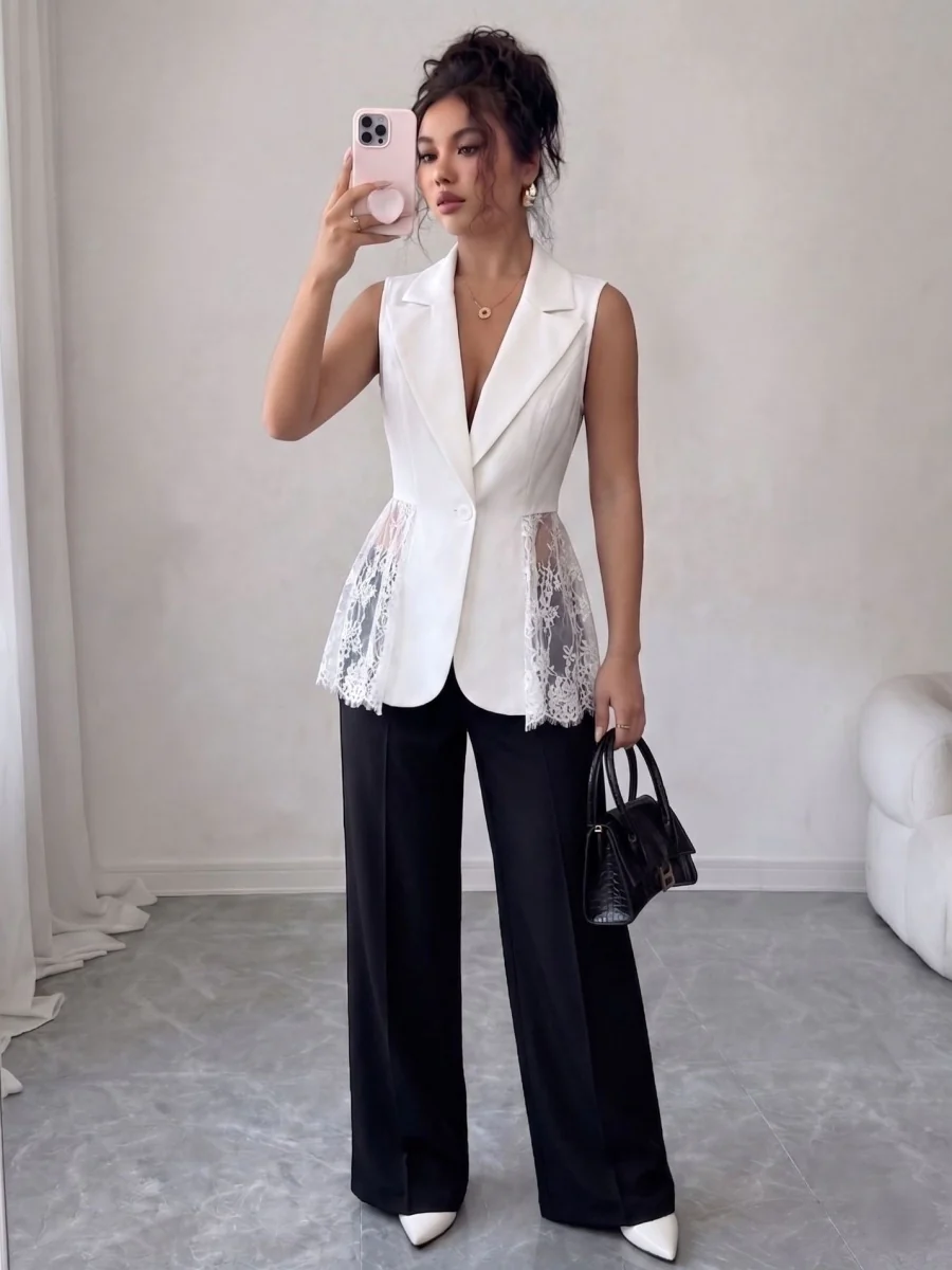 Lace Sleeveless Suit Splicing Hollow Vests - Image 4