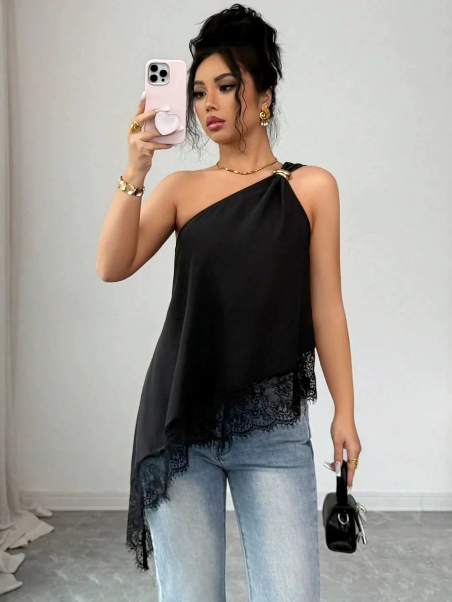 Irregular Hem Lace Stitching Sloping Shoulders Metal Tank Tops&Camis