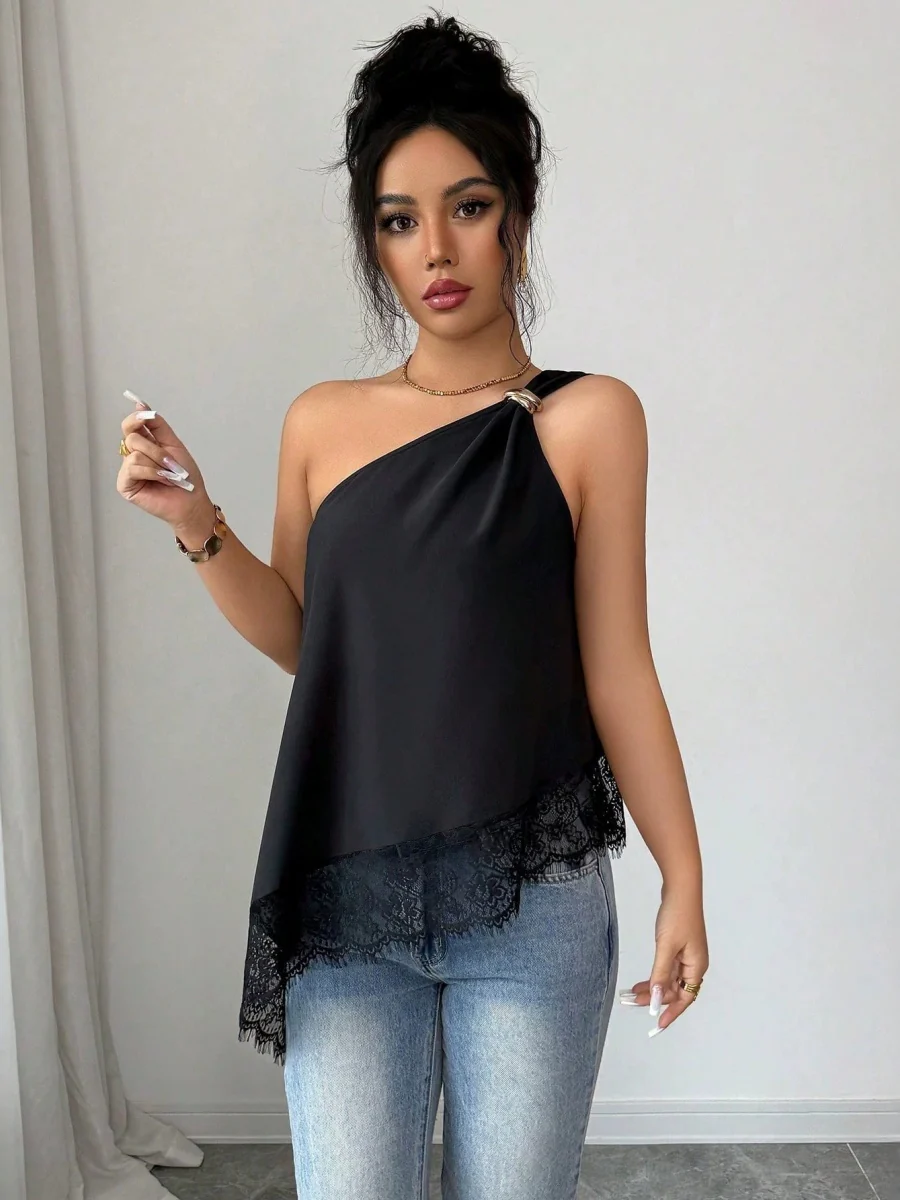 Irregular Hem Lace Stitching Sloping Shoulders Metal Tank Tops&Camis - Image 3