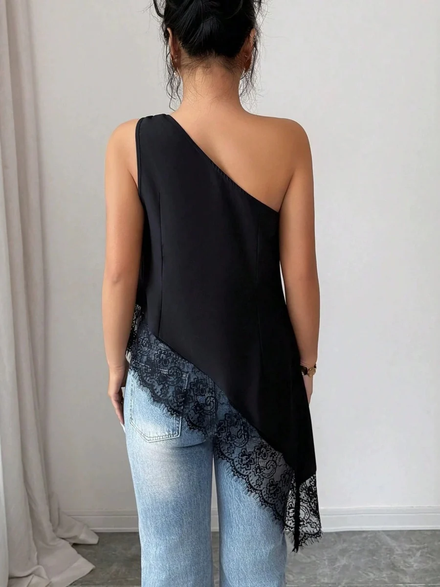 Irregular Hem Lace Stitching Sloping Shoulders Metal Tank Tops&Camis - Image 4