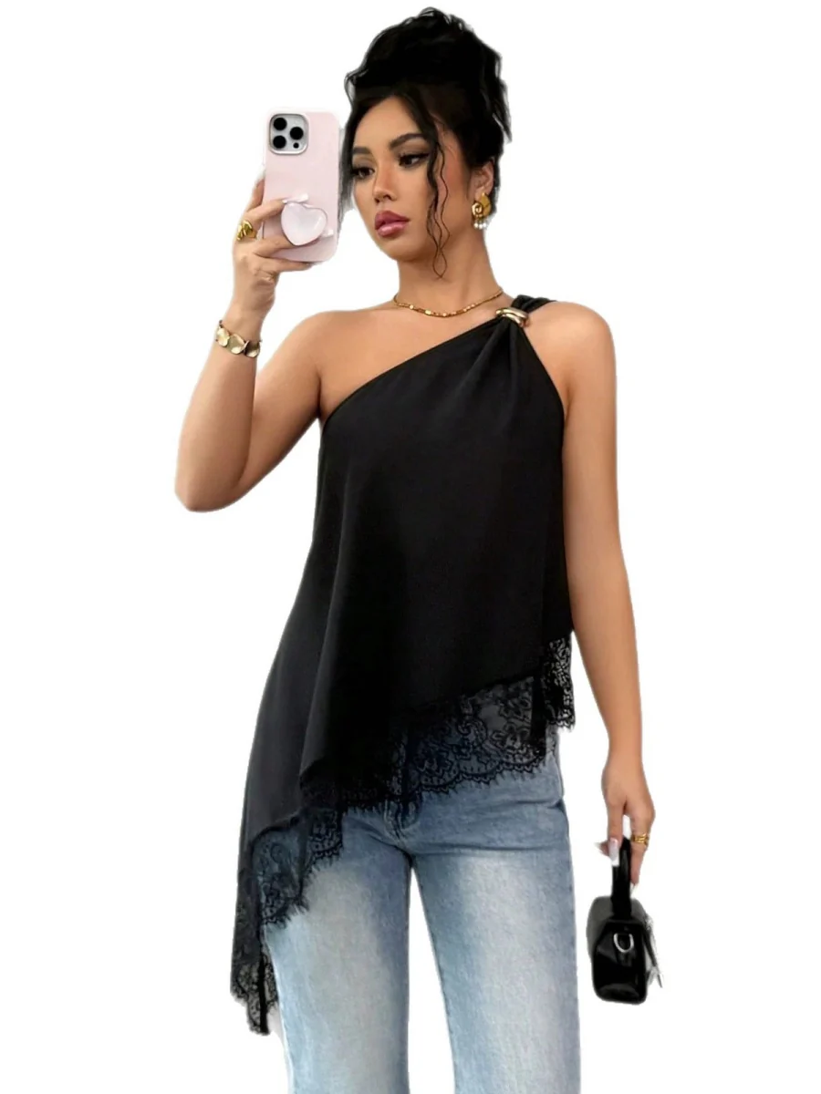 Irregular Hem Lace Stitching Sloping Shoulders Metal Tank Tops&Camis - Image 5