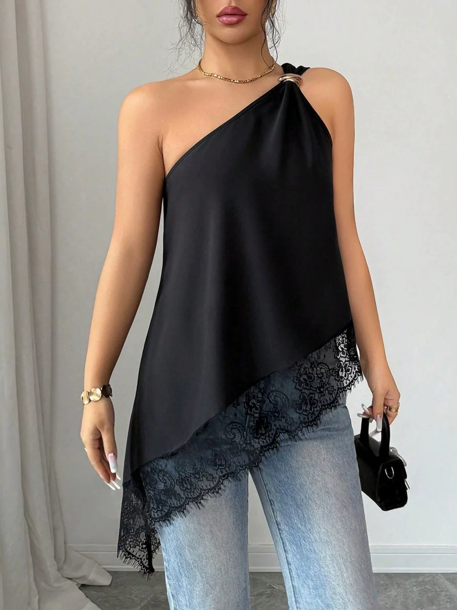Irregular Hem Lace Stitching Sloping Shoulders Metal Tank Tops&Camis - Image 6