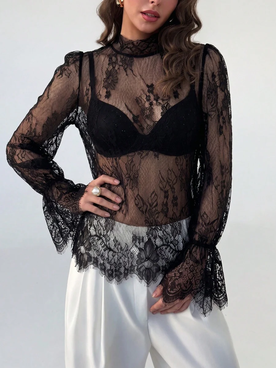 Lace Trim Long Sleeve Base Layer Mesh&Sheer Tops - Image 2