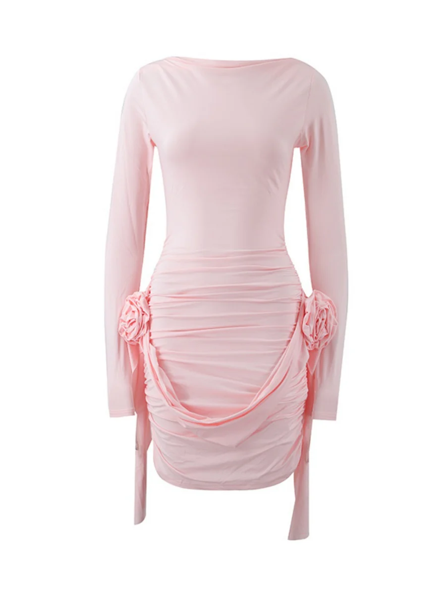 One-shoulder Collar Pleated Ribbon 3D Flowers Sexy Mini&Short Dresses - Image 4
