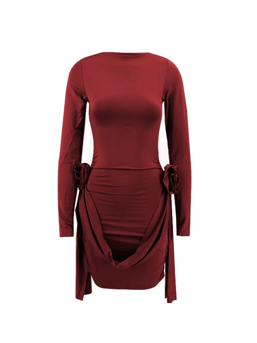 One-shoulder Collar Pleated Ribbon 3D Flowers Sexy Mini&Short Dresses - Image 6
