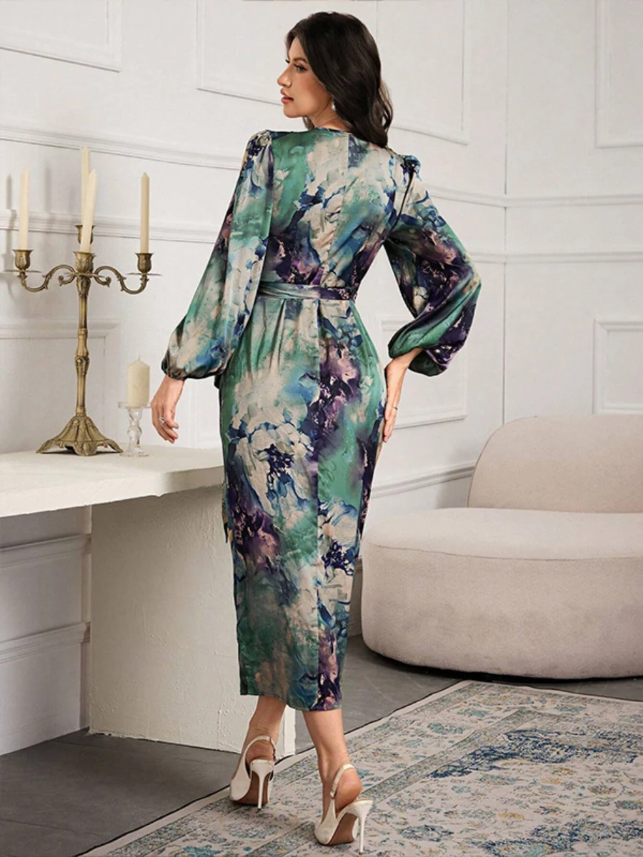 Printed V-neck Cardigan With Belt Midi Dresses - Image 2